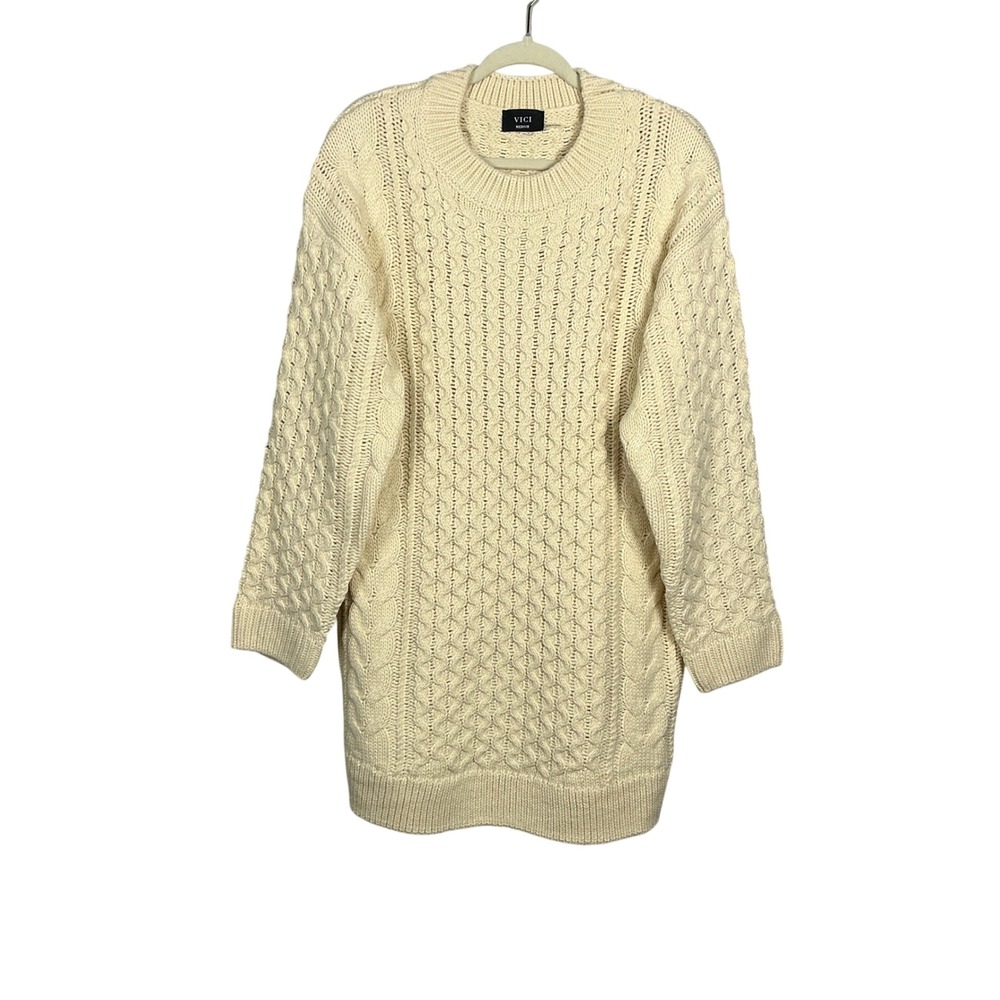 VICI Cream Cable Knit Oversized Crew Neck Mini Sweater Dress Medium